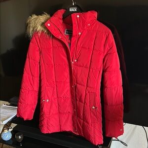 Tommy Hilfiger Red Quilted Jacket with Faux Fur Trim